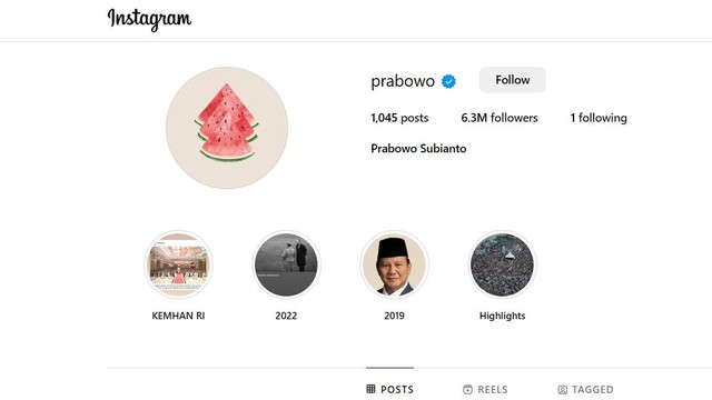 Foto profil semangka di Instagram Prabowo Subianto. Foto: Instagram/@prabowo