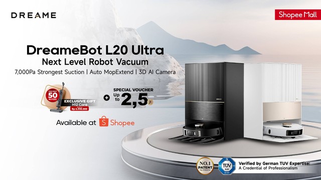 Robot penyedot debu terbaru DreameBot L20 Ultra akan di-launching secara resmi di Shopee pada 8-14 November 2023. Foto: Dreame Technology