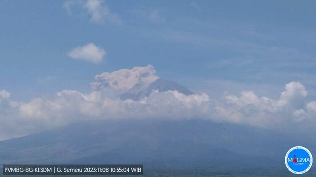 Gunung Semeru, Jawa Timur, mengalami erupsi setinggi kurang lebih 700 meter disertai awan panas dengan jarak luncur 1.000 meter pada Rabu (8/11/2023). Foto: Dok. PVMBG