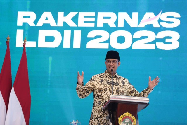 Anies Baswedan menghadiri Rakernas Lembaga Dakwah Islam Indonesia (LDII) di Gedung Serbaguna Minhaajurrosyidiin, Kamis (9/11/2023). Foto: Dok. Istimewa