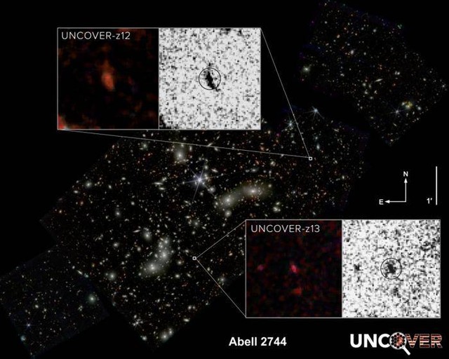 Galaksi terjauh di luar angkasa cluster Pandora/Abell 2744. Foto: CLUSTER IMAGE: NASA, UNCOVER (BEZANSON ET AL., DIO: 10.48550/ARXIV.2212.04026) INSETS: NASA, UNCOVER (WANG ET AL., 2023) COMPOSITION: DANI ZEMBA/PENN STATE