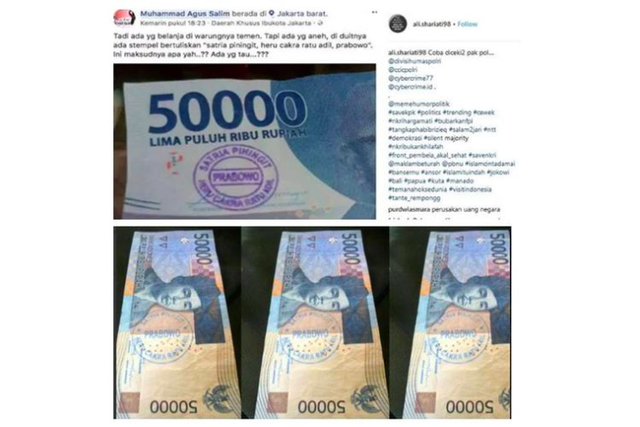 Foto uang kertas pecahan Rp 50.000 yang berstempel 'Prabowo' beredar di media sosial pada 2018 jelang Pemilu 2019. Foto: Istimewa