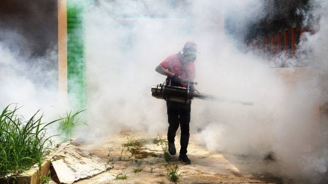 Ilustrasi petugas sedang melakukan pengasapan (fogging) untuk mencegah demam berdarah. Foto: ANTARA FOTO/Andika Wahyu