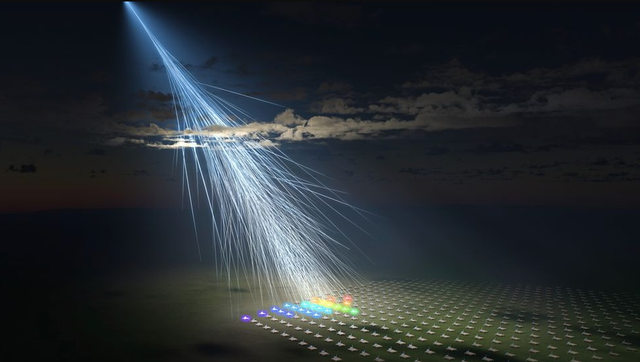 Ketika sinar kosmik kuat menghantam molekul gas di atmosfer Bumi, sinar tersebut menciptakan aliran partikel energik yang terdeteksi di permukaan Bumi. Foto: Osaka Metropolitan University/L-INSIGHT