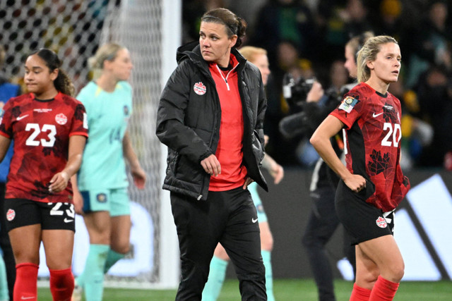 Reaksi penyerang Kanada #12 Christine Sinclair di akhir pertandingan sepak bola Grup B Piala Dunia Wanita 2023 Australia dan Selandia Baru antara Kanada dan Australia di Melbourne Rectangular Stadium, juga dikenal sebagai AAMI Park. Foto: William West/AFP