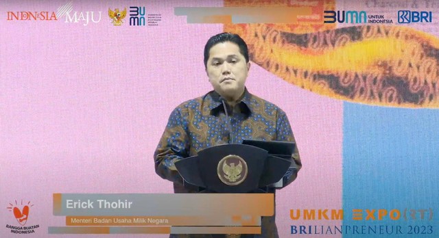 Menteri BUMN Erick Thohir, pada pembukaan pameran UMKM EXPO(RT) BRILIANPRENEUR 2023 di Jakarta Convention Center, Jakarta, Kamis (7/12/2023). Foto: Dok. Istimewa