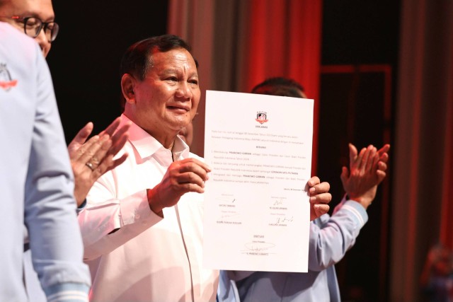 Calon Presiden Prabowo Subianto menghadiri acara Deklarasi Relawan Pedagang Indonesia Maju (RAPIM) di Djakarta Theater, Jakarta, Jumat (8/12/2023). Foto: Dok. Istimewa