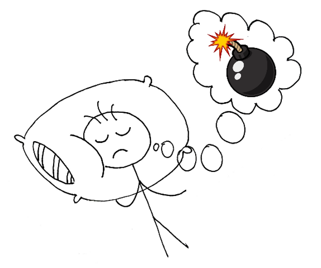 Ilustrasi seseorang yang tidurnya tidak nyenyak dikarenakan mengalami Exploding Head Syndrom (EHS) atau sindrom kepala meledak oleh Clara Gista Oriana.