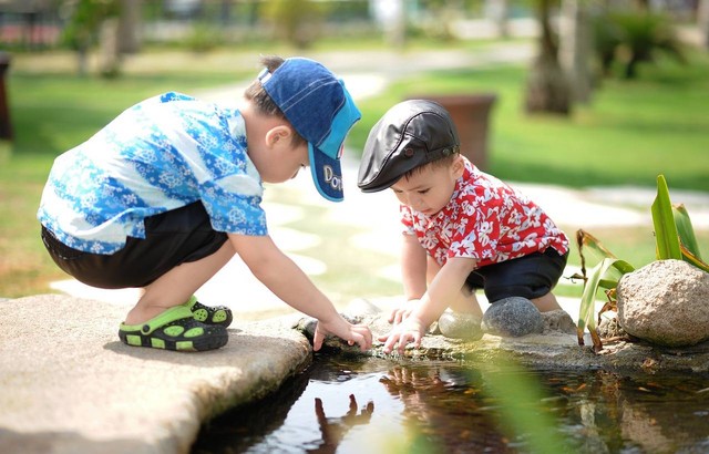 Ilustrasi dua anak laki - laki sedang melihat ikan (sumber:https://pixabay.com/photos/people-little-boys-park-children-1560569/)