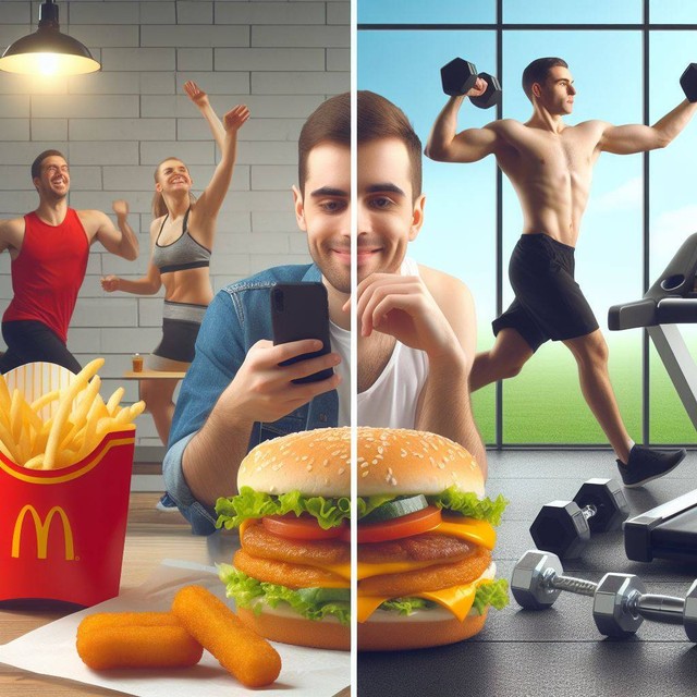 Mengonsumsi fast food/Junk food dengan Gym Dan latihan beban. foto : Ai Generator
