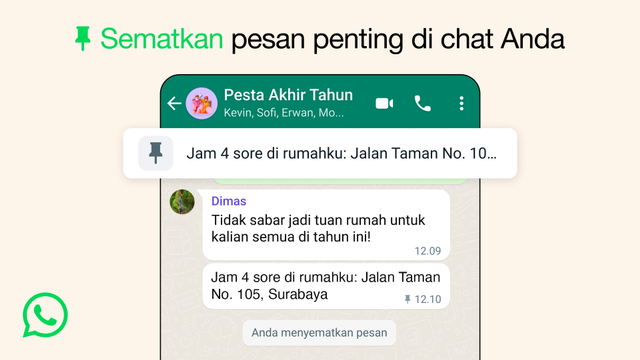 WhatsApp meluncurkan fitur baru pin untuk menyematkan pesan penting di chat. Foto: WhatsApp