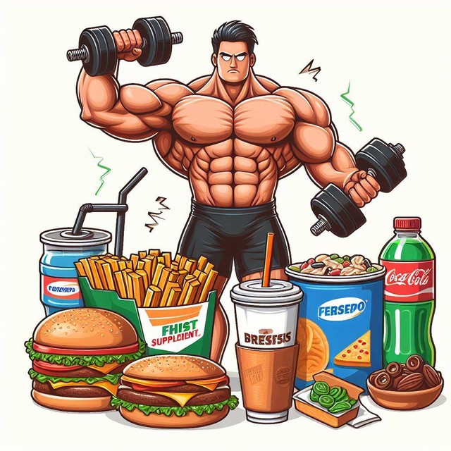 gym, konsumsi fast food, juga suplemen peningkat massa otot. foto : Ai Generator