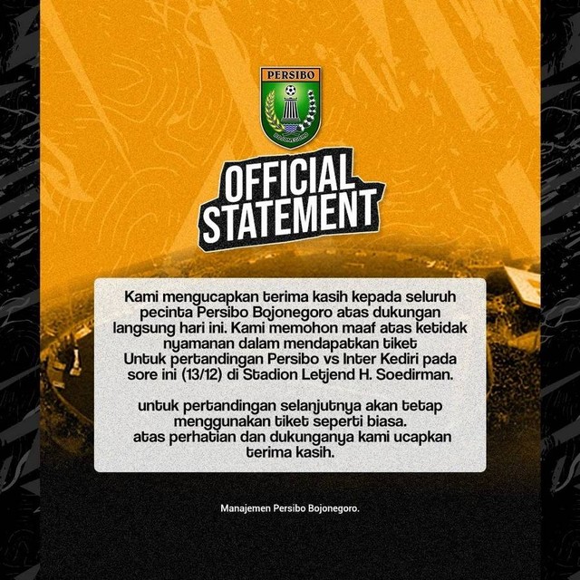 Tangkapan layar dari akun Instagram resmi Persibo Bojonegoro