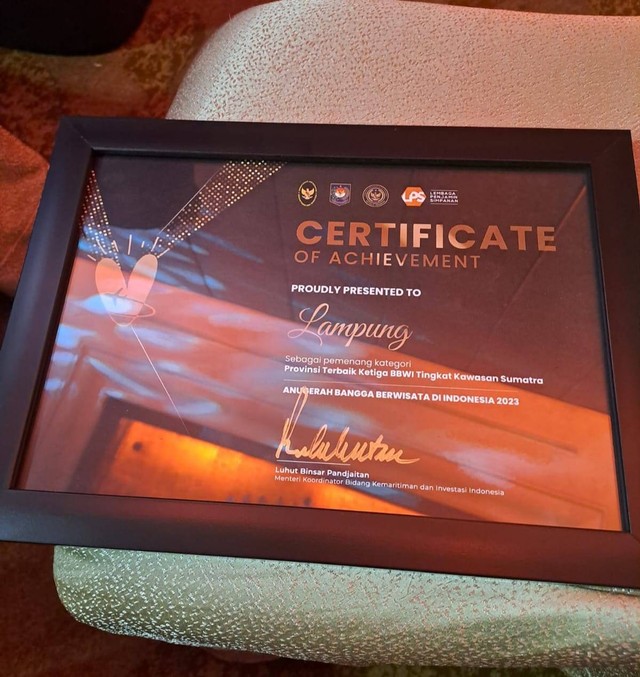 Lampung Jadi Provinsi Terbaik 3 Tingkat Sumatera Sektor Wisata Anugerah BBWI (1)