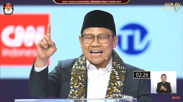 Cawapres nomor urut 01, Muhaimin Iskandar alias Cak Imin saat debat cawapres, di JCC Senayan, Jakarta, Jumat (22/12/2023). Foto: Youtube/KPU RI