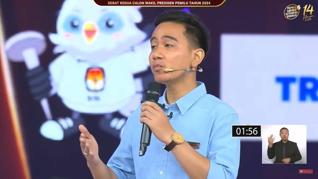 Calon wakil presiden nomor urut 2 Gibran Rakabuming Raka menyampaikan gagasannya saat debat calon wakil presiden Pemilu 2024 di JCC, Jakarta, Jumat (22/12/2023). Foto: Youtube/KPU RI