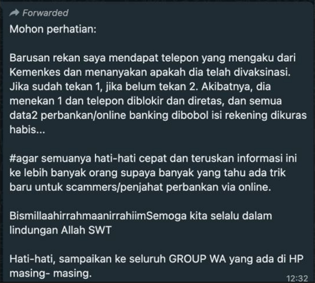 Pesan berantai di WhatsApp yang meminta masyarakat untuk waspada penipuan lewat telepon berujung phising.  Foto: Dok. Istimewa