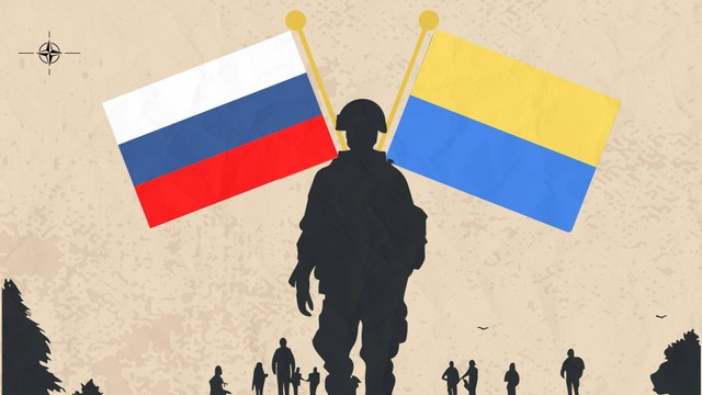 ilustrasi tentara dengan bendera rusia dan ukraina. (dokumentasi pribadi)