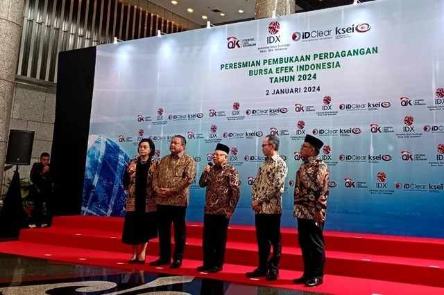 Wakil Presiden Ma'ruf Amin dalam peresmian pembukaan perdagangan Bursa Efek Indonesia (BEI), Selasa (2/1/2024).  Foto: Ghinaa Rahmatika/kumparan