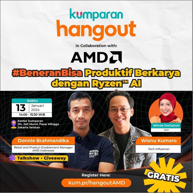 Bareng Retail and Product Enablement Manager AMD Indonesia, Donnie Brahmandika, dan Tech Influencer, Wisnu Kumoro, kamu akan mengetahui kehebatan AMD Ryzen™ AI untuk content creation di kumparan Hangout kali ini. Foto: kumparan