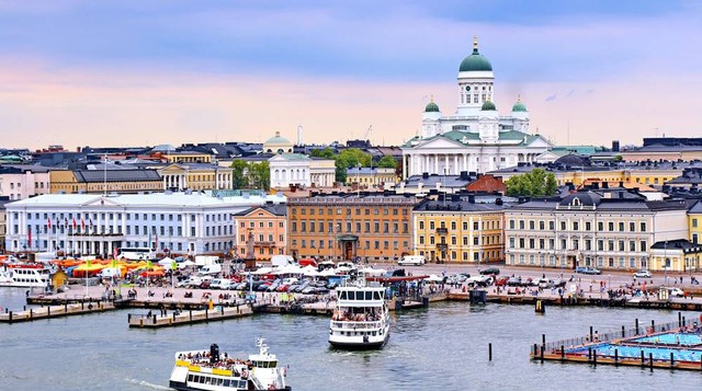 Helsinki cityscape with Helsinki Cathedral, South Harbor and Market Square Kauppatori , Finland (shutterstock-1237207402//elina)
