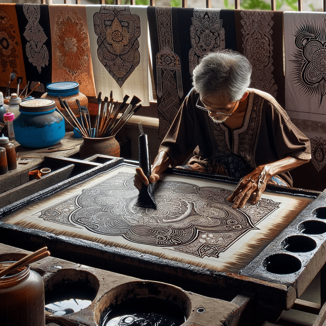 Berikut ini adalah gambar seseorang sedang melukis batik, yang dihasilkan oleh DALL·E, sebuah model AI yang dikembangkan oleh OpenAI.