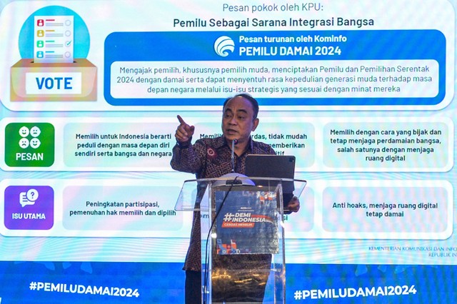 Menteri Komunikasi dan Informatika Budi Arie Setiadi memberikan pemaparan saat kunjungan di Bandung, Jawa Barat, Kamis (18/1/2024). Foto: ANTARA FOTO/Raisan Al Farisi