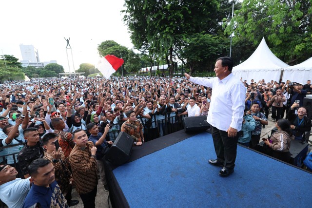 Prabowo di acara ojol penggemar Erick Thohir di Lapangan Banteng. Foto: Dok. Istimewa