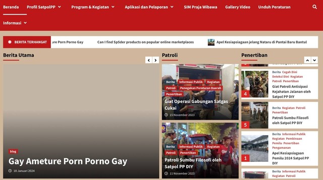 Laman resmi Satpol PP DIY diduga diretas dan mengunggah konten artikel porno tentang gay. Foto: www.satpolpp.jogjaprov.go.id