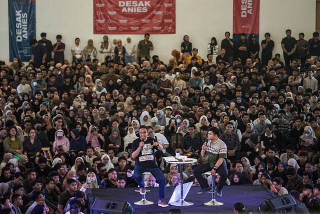 Capres nomor urut 01 Anies Baswedan dalam Desak Anies di Rocket Convention Hall, Yogyakarta, Selasa (23/1/2024). Foto: Dok. Istimewa