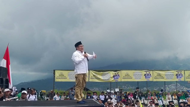 Cawapres nomor urut 1, Muhaimin Iskandar hadiri Deklarasi Laskar Santri, Kejajar, Wonosobo, Jawa Tengah, Sabtu (27/1). Foto: Fadlan Nuril Fahmi/kumparan