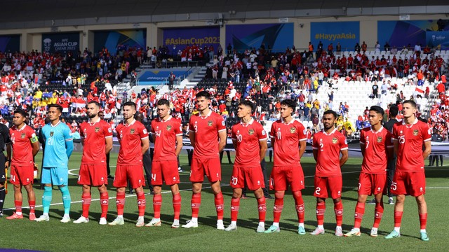 Pemain Timnas Indonesia pada pertandingan babak 16 besar Piala Asia kontra Australia di Stadion Jassim bin Hamad, Al Rayyan, Qatar, 28 Januari 2024. Foto: REUTERS/Ibraheem Al Omari