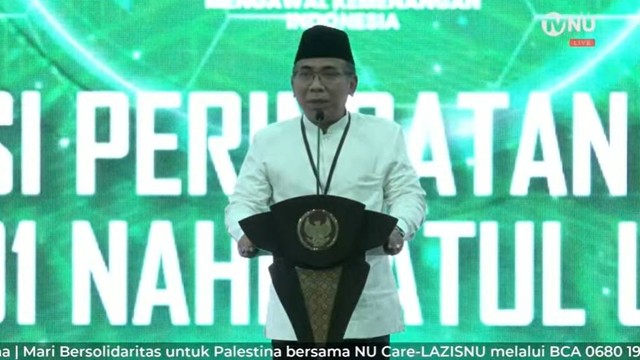 Gus Yahya memberi sambutan di acara resepsi Harlah ke-101 Nahdlatul Ulama. Foto: Youtube/TVNU Televisi Nahdlatul Ulama