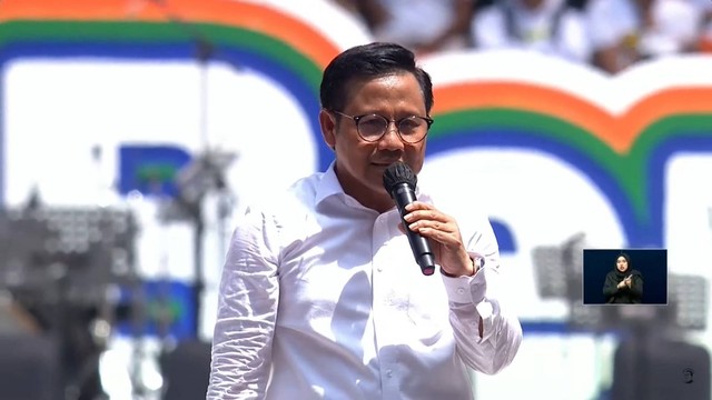 Cawapres 01 Muhaimin Iskandar (Cak Imin) berorasi pada Kampanye Akbar Anies Baswedan-Muhaimin Iskandar (AMIN) di Jakarta International Stadium (JIS), Jakarta, Sabtu (10/2/2024). Foto: Youtube/Anies Baswedan