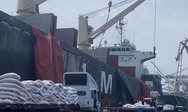 Proses bongkar muat beras milik Perum Bulog di Pelabuhan Tanjung Priok, Jakarta pada Jumat (9/2/2024). Foto: Bapanas