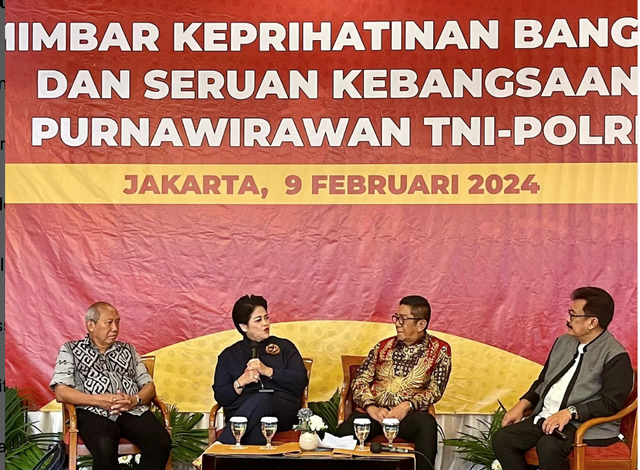Kiri-kanan: Ikrar Nusa Bhakti, Connie Bakrie, Henry Yosodiningrat, Rudi S Kamri dalam diskusi di Jakarta, 9 Februari 2024. Foto: Instagram/@connierahakundinibakrie