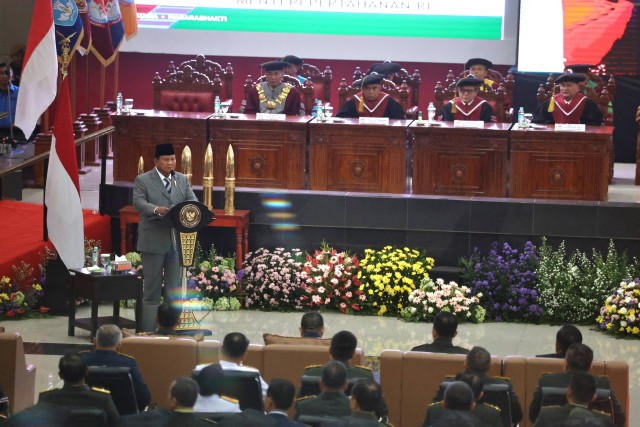 Menhan Prabowo Subianto di acara wisuda mahasiswa Unhan RI, Sentul, Bogor, Senin (12/2/2024). Foto: Dok. Istimewa