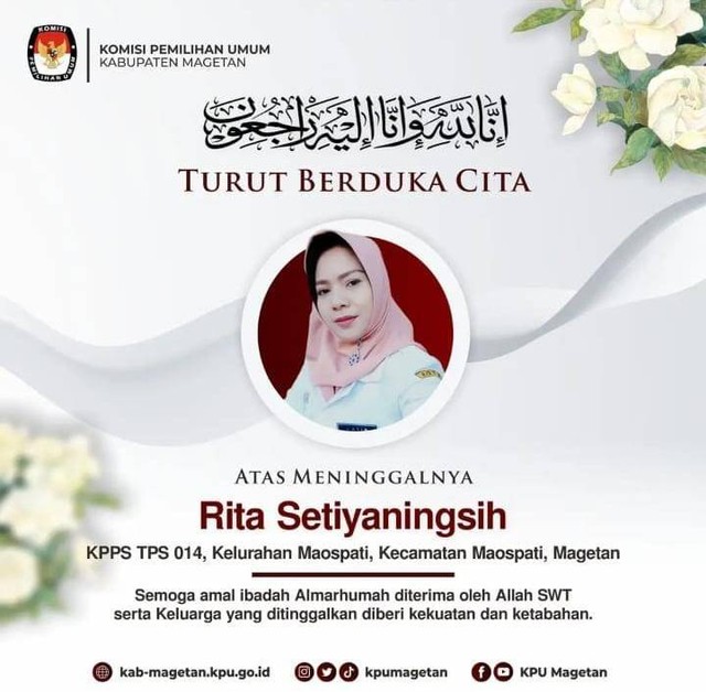 Anggota KPPS bernama Rita Setiyaningsih (41), warga Kelurahan/Kecamatan Maospati, Kabupaten Magetan, meninggal dunia diduga akibat kelelahan. Foto: Dok. Istimewa