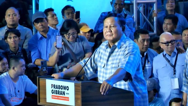 Capres 02 Prabowo Subianto berpidato di Nobar Quick Count di Istora Senayan, Jakarta, Rabu (14/2/2024). Foto: Youtube/Prabowo Gibran