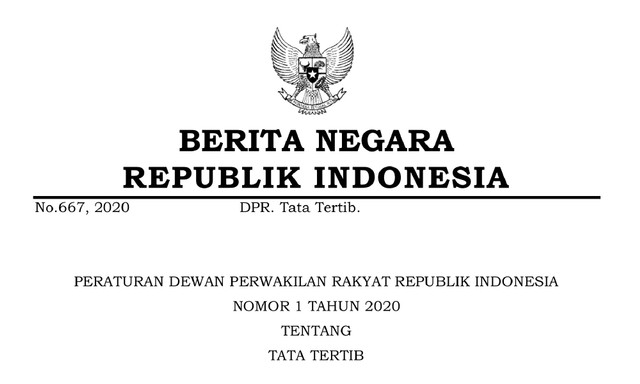 Gambar 1. Peraturan DPR tentang tata tertib (Sumber: Peraturan Dewan Perwakilan Rakyat Republik Indonesia Nomor 1 Tahun 2020 Tentang Tata Tertib)