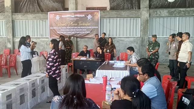 Monitoring pleno rekapitulasi penghitungan suara tingkat Kecamatan yang dilakukan KPU Sulut dan Forkopimda.