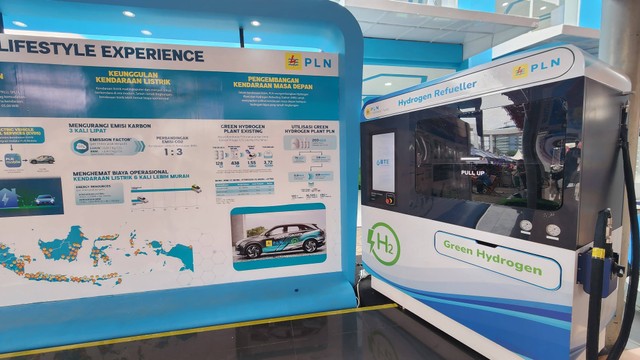 Bentuk Stasiun Pengisian Kendaraan Hidrogen atau Hydrogen Refueling Station (HRS) yang dipamerkan PLN Indonesia Power di Indonesia International Motor Show (IIMS) 2024. Foto: PLN