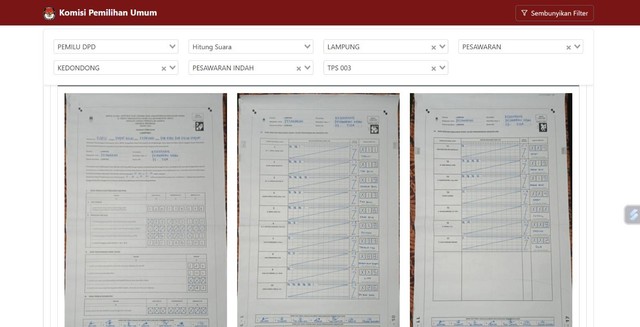 Hasil pimdai dokumen di TPS 003 Pesawaran Indah, Kedondong, Pesawaran. | Foto: Tangkap Layar KPU