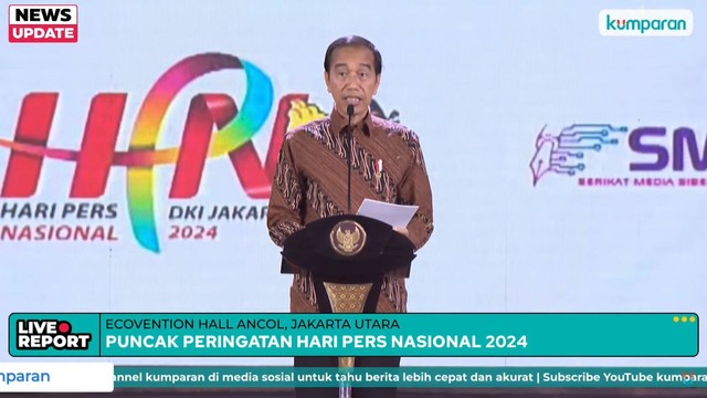 Presiden Joko Widodo menyampaikan pidato saat menghadiri Peringatan Hari Pers Nasional 2024 di Ancol, Jakarta, Selasa (20/2/2024). Foto: Youtube/kumparan