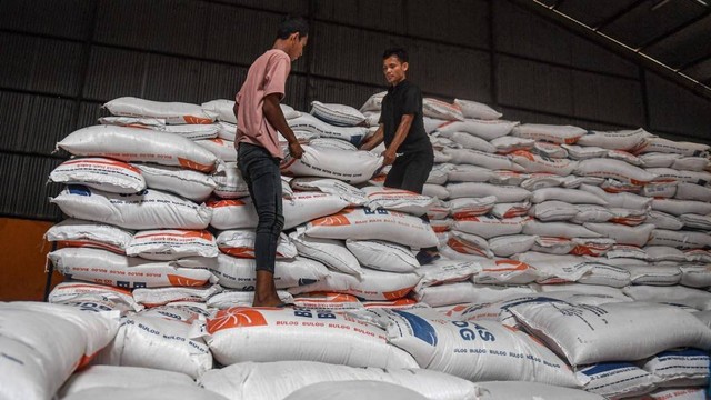 Pekerja mengangkat beras Bulog di gudang Bulog, Cibitung, Bekasi, Jawa Barat, Jumat (16/2/2024). Foto: ANTARA FOTO/Muhammad Adimaja