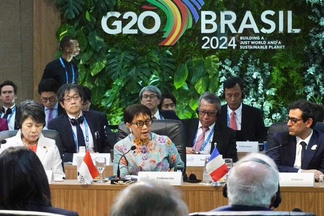 Menlu RI Retno Marsudi pada Pertemuan Menteri Luar Negeri G20 di Rio de Janeiro, Brasil, pada Rabu (21/2/2024). Foto: Twitter/@Menlu_RI