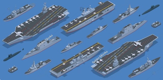 ilustrasi kapal perang.source:https://www.shutterstock.com/id/image-vector/isometric-carrier-battle-group-naval-fleet-2233780963 