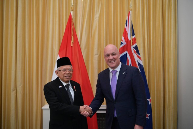 Wakil Presiden Ma'ruf Amin bertemu PM Selandia Baru Christoper Luxon, Selasa (27/2/2024). Foto: Dok. BPMI Setwapres