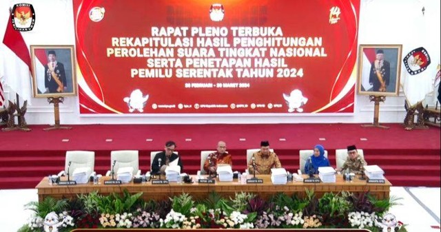 Suasana rapat pleno terbuka rekapitulasi hasil penghitungan perolehan suara tingkat nasional di Ruang Sidang Lantai 2 KPU RI, Jakarta, Rabu (28/2/2024). Foto: Dok. KPU