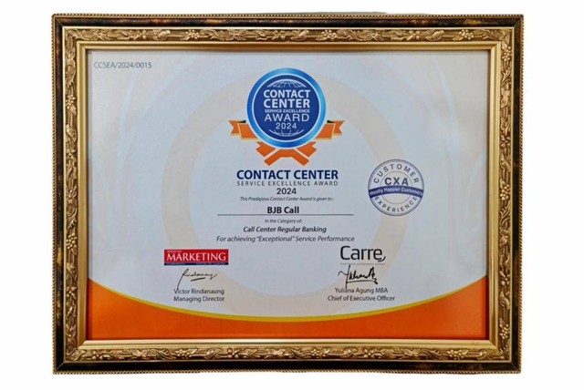 bank bjb meraih penghargaan kategori Call Center Regular Banking di Contact Center Service Excellence Award (CCSEA) 2024, Rabu (28/2), di Ayanan Resort, Jimbaran, Bali. Foto: bank bjb